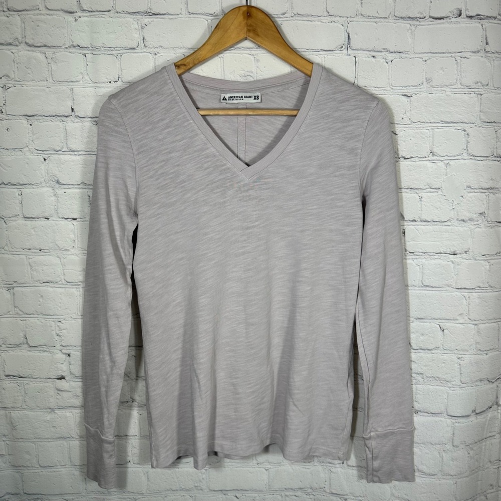 American Giant Womens Long Sleeve V-Neck T-Shirt XS Lavender Grey Slub Cotton